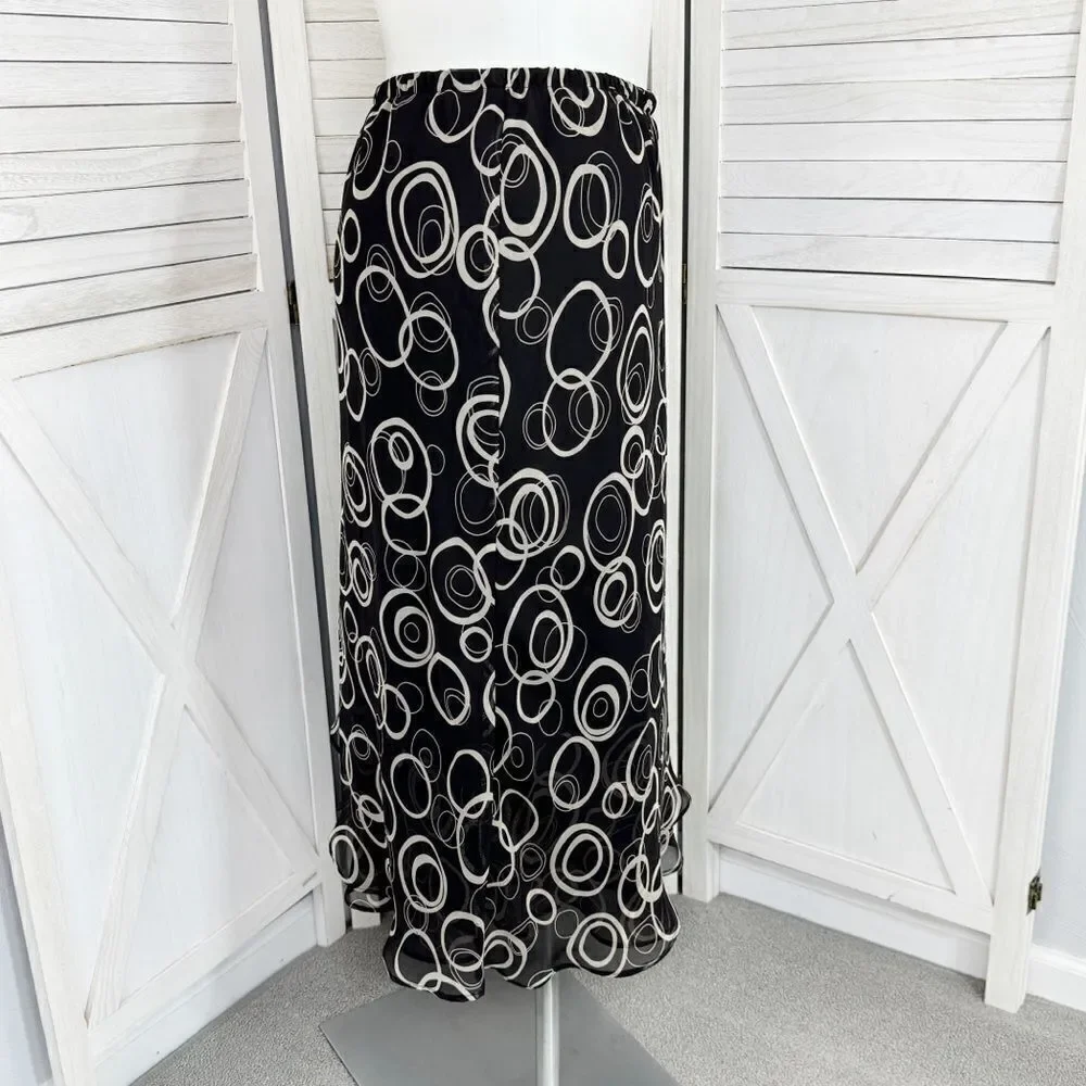 Karin Stevens Layered Chiffon Geometric Circle Print Midi‎ Skirt Black 16W